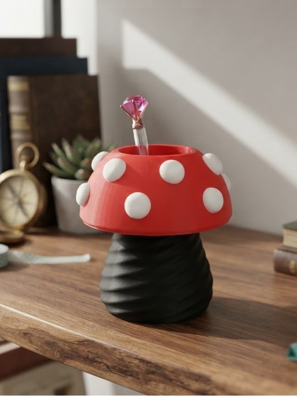 3D print Mushroom Shaped Red & Black with White Polka Dots Pen Holder
